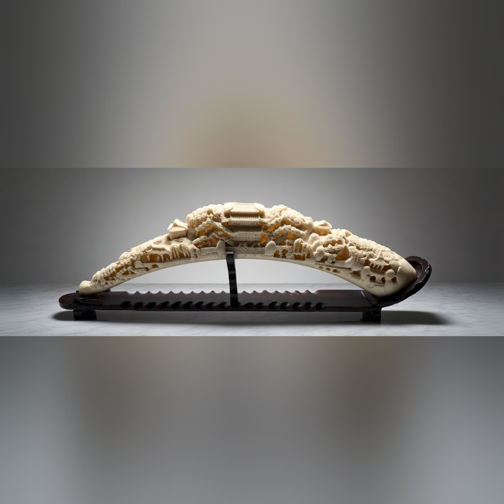 Vintage 31" Chinese Faux Ivory Carved Tusk Landscape Pagodas Mid-Century - Picture 3 of 16